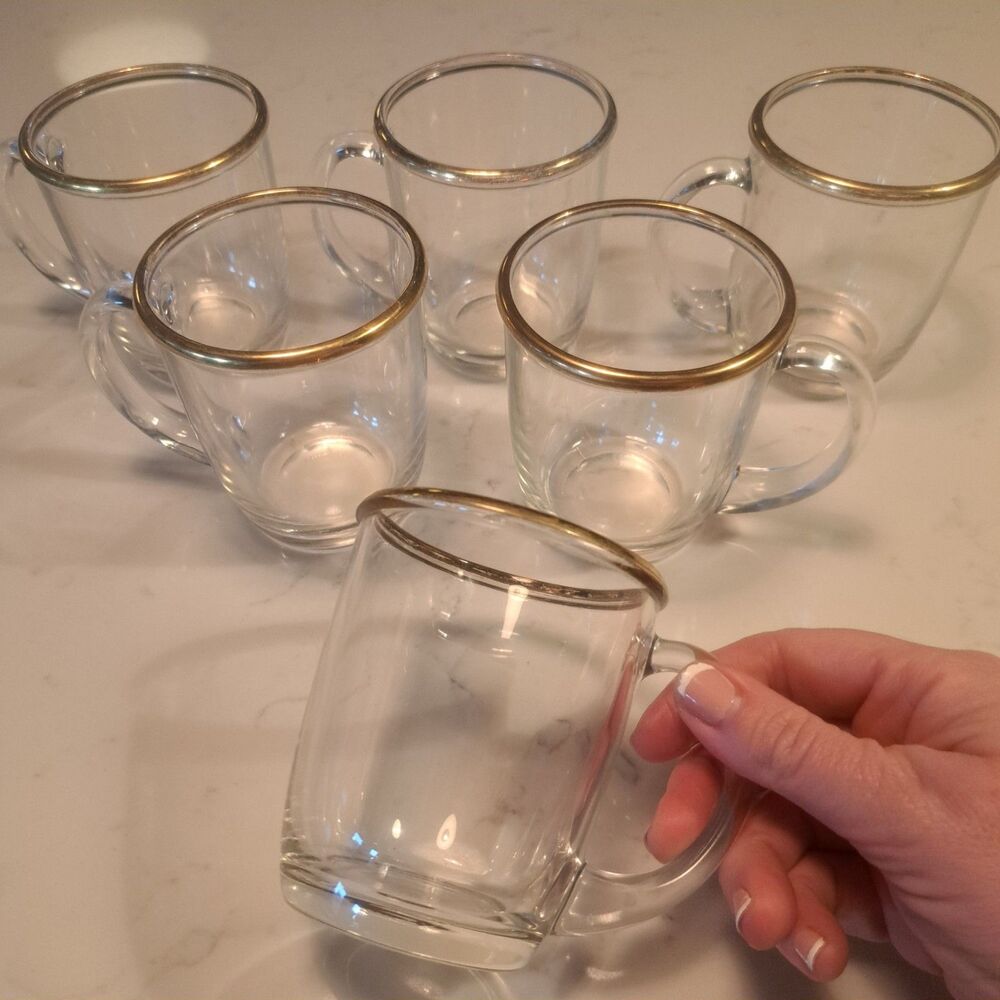 Set Of 6 Arcoroc France Gold Rimmed Glass Mug Glasses Coffe Tea Cups Drinkware